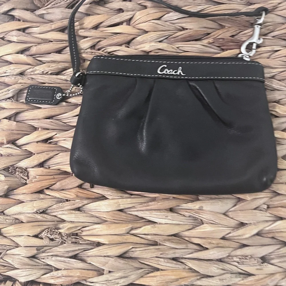 Authentic Coach Black Leather Wristlet with Silver Hardware